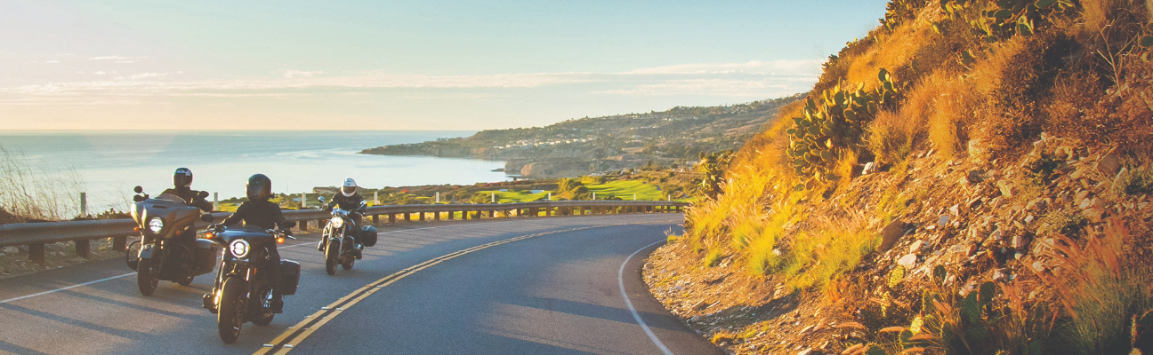 2 motorcyclists driving down scenic road.